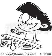Cartoon Outline Girl Playing with a Toy Car and Ramp by Toonaday