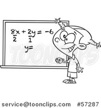 Cartoon Outline School Girl Solfing a Math Equation on a Chalk Board by Toonaday