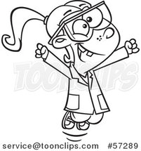 Cartoon Outline School Girl Cheering in Science Class by Toonaday