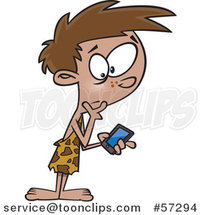 Cartoon Caveman Boy Discovering a Smart Phone by Toonaday