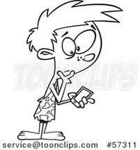 Cartoon Outline of Caveman Boy Discovering a Smart Phone by Toonaday