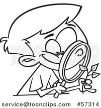 Cartoon Outline of Happy Boy Observing a Plant Through a Magnifying Glass by Toonaday