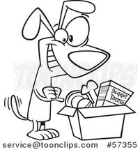 Cartoon Outline of Dog Wagging His Tail and Looking in a Surprise Box by Toonaday