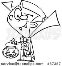 Cartoon Outline of Vampire Boy Trick or Treating on Halloween by Toonaday