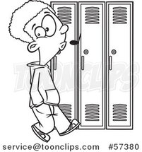 Cartoon Outline of Black School Boy Whistling and Sneaking Around Lockers by Toonaday