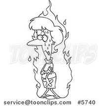 Cartoon Black and White Line Drawing of a Lady Experiencing a Hot Flash by Toonaday