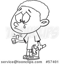 Cartoon Outline of Black Boy Crying After Banging His Thumb with a Hammer by Toonaday