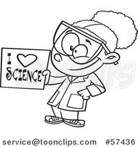 Cartoon Outline of Black Girl Holding an I Love Science Sign by Toonaday