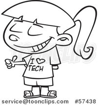 Cartoon Outline of Girl Wearing an I Love Tech Shirt and Giving a Thumb up by Toonaday