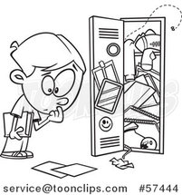 Cartoon Outline of School Boy at a Messy Locker by Toonaday