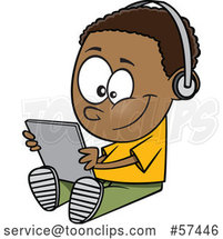 Cartoon Black Boy Sitting on the Floor and Playing with a Tablet, or Listening to an Audio Book by Toonaday