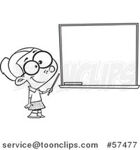 Cartoon Outline of School Girl Pretending to Be a Teacher, Standing by a Chalk Board by Toonaday