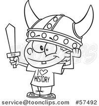 Cartoon Outline of Boy Wearing a Viking Helmet and I Love History Shirt by Toonaday
