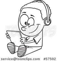 Cartoon Outline of Boy Sitting on the Floor and Playing with a Tablet, or Listening to an Audio Book by Toonaday