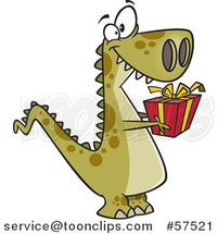Cartoon of T-Rex Dinosaur Holding out a Christmas Gift by Toonaday