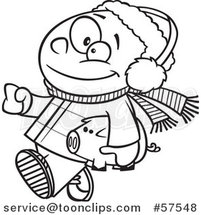 Cartoon Outline of Happy African Boy in Winter Clothes, Carrying His Piggy Bank to Go Christmas Shopping by Toonaday