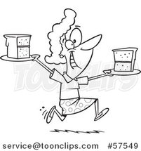 Cartoon Outline of Happy Woman Running with Slices of Cake by Toonaday