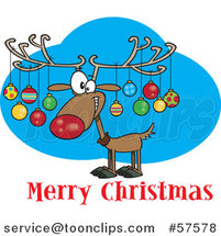Cartoon of Reindeer with Ornaments on His Antlers Above Merry Christmas Text by Toonaday