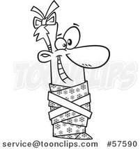 Cartoon Outline of Man Wrapped up As a Christmas Gift by Toonaday