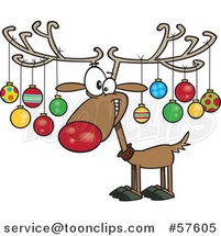 Cartoon of Christmas Reindeer with Ornaments on His Antlers by Toonaday