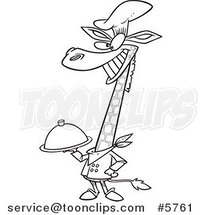 Cartoon Black and White Line Drawing of a Chef Giraffe Holding a Platter by Toonaday