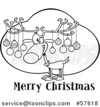 Cartoon Outline of Reindeer with Ornaments on His Antlers over Merry Christmas Text by Toonaday