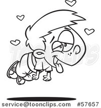 Cartoon Outline of Boy Infatuated and Floating with Hearts by Toonaday