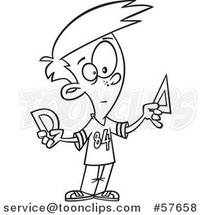 Cartoon Outline of Boy Holding Geometry Rulers by Toonaday
