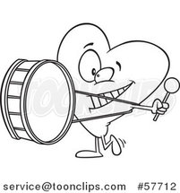 Cartoon Outline of Heart Mascot Character Playing a Drum, Heartbeat by Toonaday