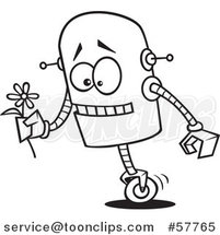 Cartoon Outline of Romantic Robot Holding a Flower by Toonaday