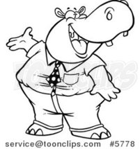 Cartoon Black and White Line Drawing of a Business Hippo Presenting by Toonaday
