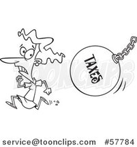 Cartoon Outline of Woman Running from a Taxes Wrecking Ball by Toonaday