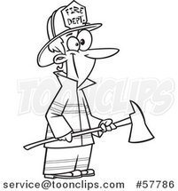 Cartoon Outline of Woman Fireman Holding an Axe by Toonaday