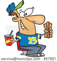 Cartoon White Sports Fan with a Soda and Hot Dog at a Ball Game by Toonaday