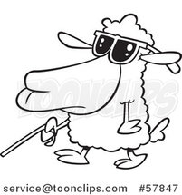 Cartoon Outline of Blind Sheep Walking with a Cane by Toonaday