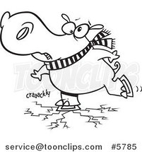 Cartoon Black and White Line Drawing of a Hippo Skating on Cracking Ice by Toonaday