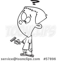 Cartoon Outline of Boy Holding a Razor and Preparing to Shave for the First Time by Toonaday