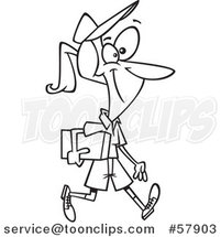 Cartoon Outline of Happy Lady Mail Courier Carrying a Parcel by Toonaday