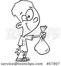 Cartoon Outline of Boy Holding out a Bag by Toonaday