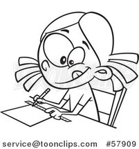 Cartoon Outline of School Girl Measuring with a Ruler by Toonaday