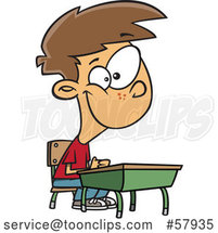 Cartoon Happy White Boy Sitting at His School Desk by Toonaday