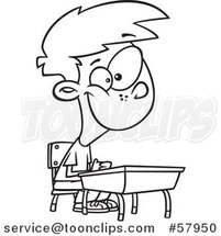 Cartoon Outline of Happy Boy Sitting at His School Desk by Toonaday