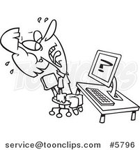 Cartoon Black and White Line Drawing of a Helpless Lady Crying over Computer Problems by Toonaday