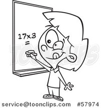 Cartoon Outline of School Girl Solving a Multiplication Math Problem by Toonaday