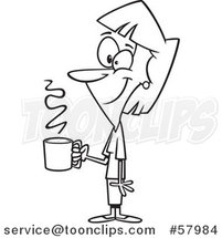 Cartoon Outline of Happy Lady Holding a Cup of Coffee on a Break by Toonaday
