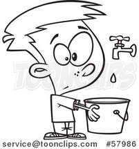 Cartoon Outline of Boy Holding a Pail Under a Faucet, Drop in the Bucket by Toonaday