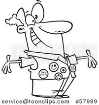 Cartoon Outline of Happy Store Greeter Man Wearing Buttons on His Vest by Toonaday
