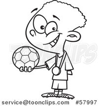 Cartoon Outline of Boy Soccer Champion Holding a Ball by Toonaday