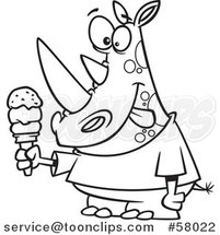 Cartoon Outline of Rhinoceros Holding an Ice Cream Cone and Licking His Lips by Toonaday