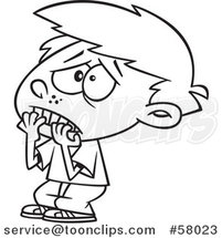 Cartoon Outline of Scared Boy Biting His Finger Nails by Toonaday